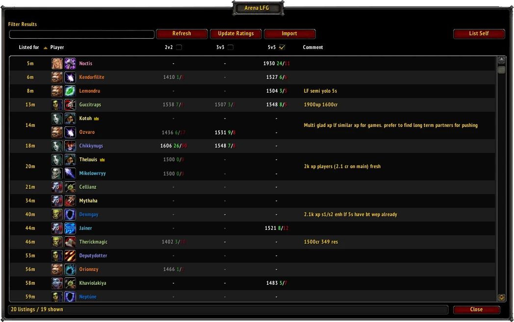 Arena LFG showing arena listings enriched with player ratings, records and character information